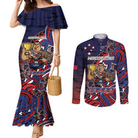 Personalised Samoa Wrestling Couples Matching Mermaid Dress and Long Sleeve Button Shirt Polynesian Warrior Funny Style DT05 Navy - Polynesian Pride