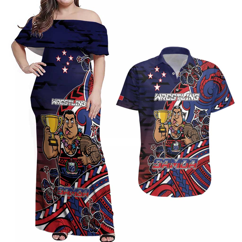 Personalised Samoa Wrestling Couples Matching Off Shoulder Maxi Dress and Hawaiian Shirt Polynesian Warrior Funny Style DT05 Navy - Polynesian Pride