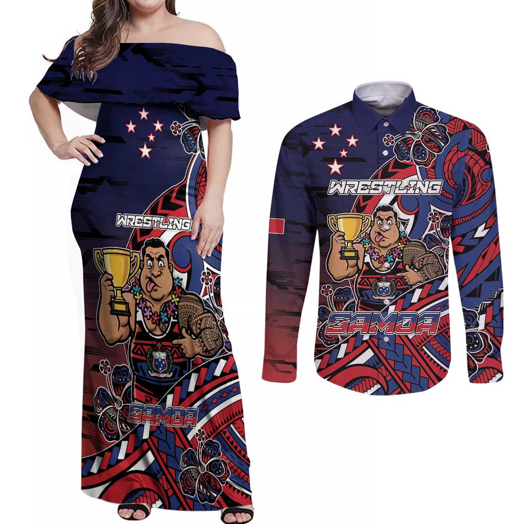 Personalised Samoa Wrestling Couples Matching Off Shoulder Maxi Dress and Long Sleeve Button Shirt Polynesian Warrior Funny Style DT05 Navy - Polynesian Pride