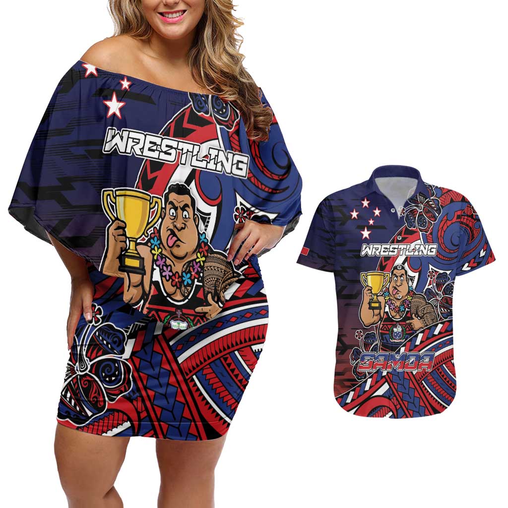 Personalised Samoa Wrestling Couples Matching Off Shoulder Short Dress and Hawaiian Shirt Polynesian Warrior Funny Style DT05 Navy - Polynesian Pride