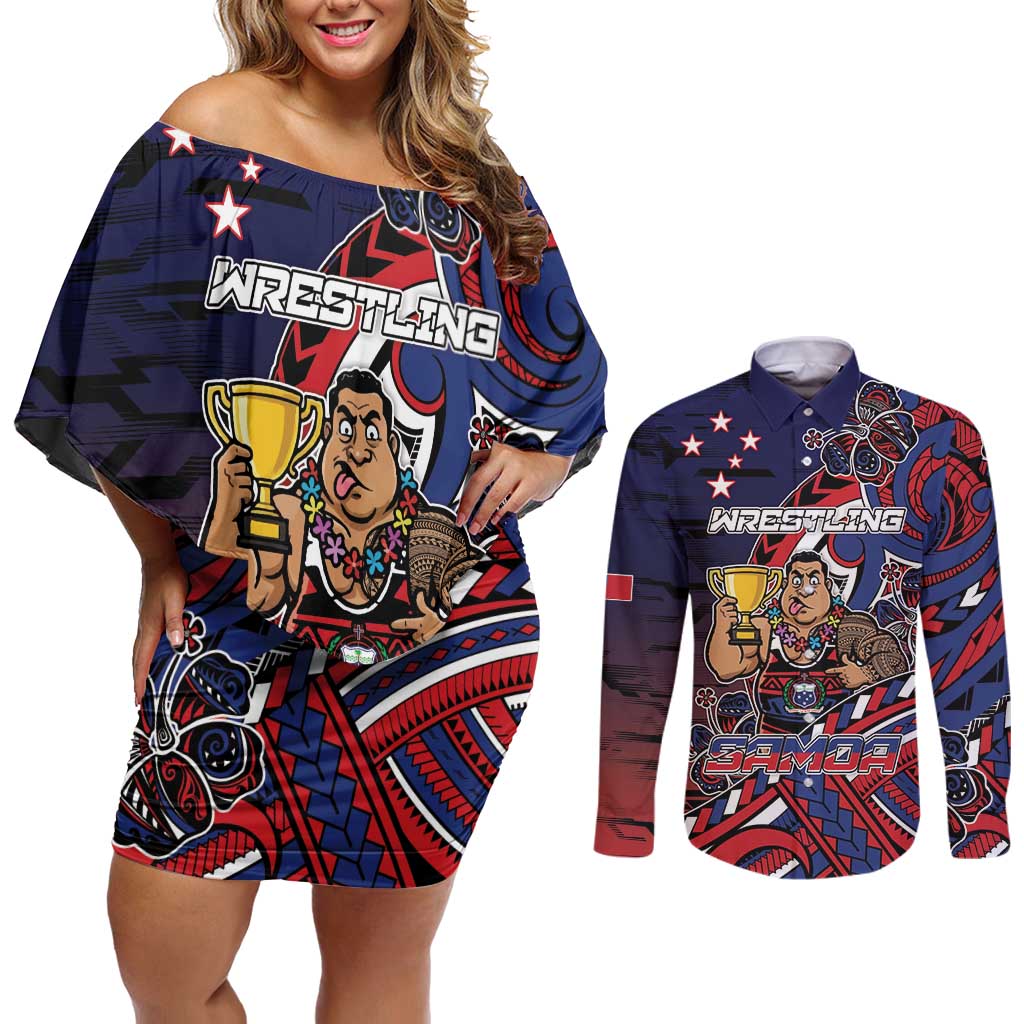 Personalised Samoa Wrestling Couples Matching Off Shoulder Short Dress and Long Sleeve Button Shirt Polynesian Warrior Funny Style DT05 Navy - Polynesian Pride