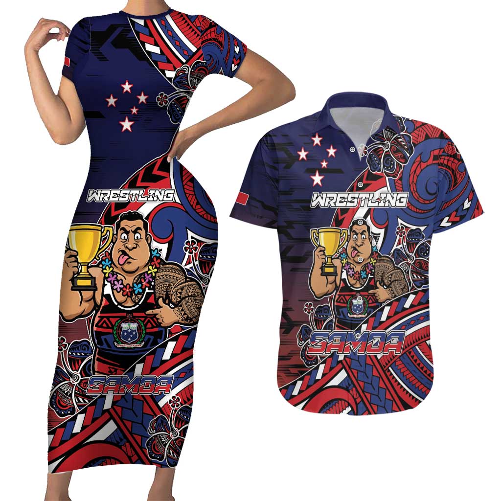 Personalised Samoa Wrestling Couples Matching Short Sleeve Bodycon Dress and Hawaiian Shirt Polynesian Warrior Funny Style DT05 Navy - Polynesian Pride