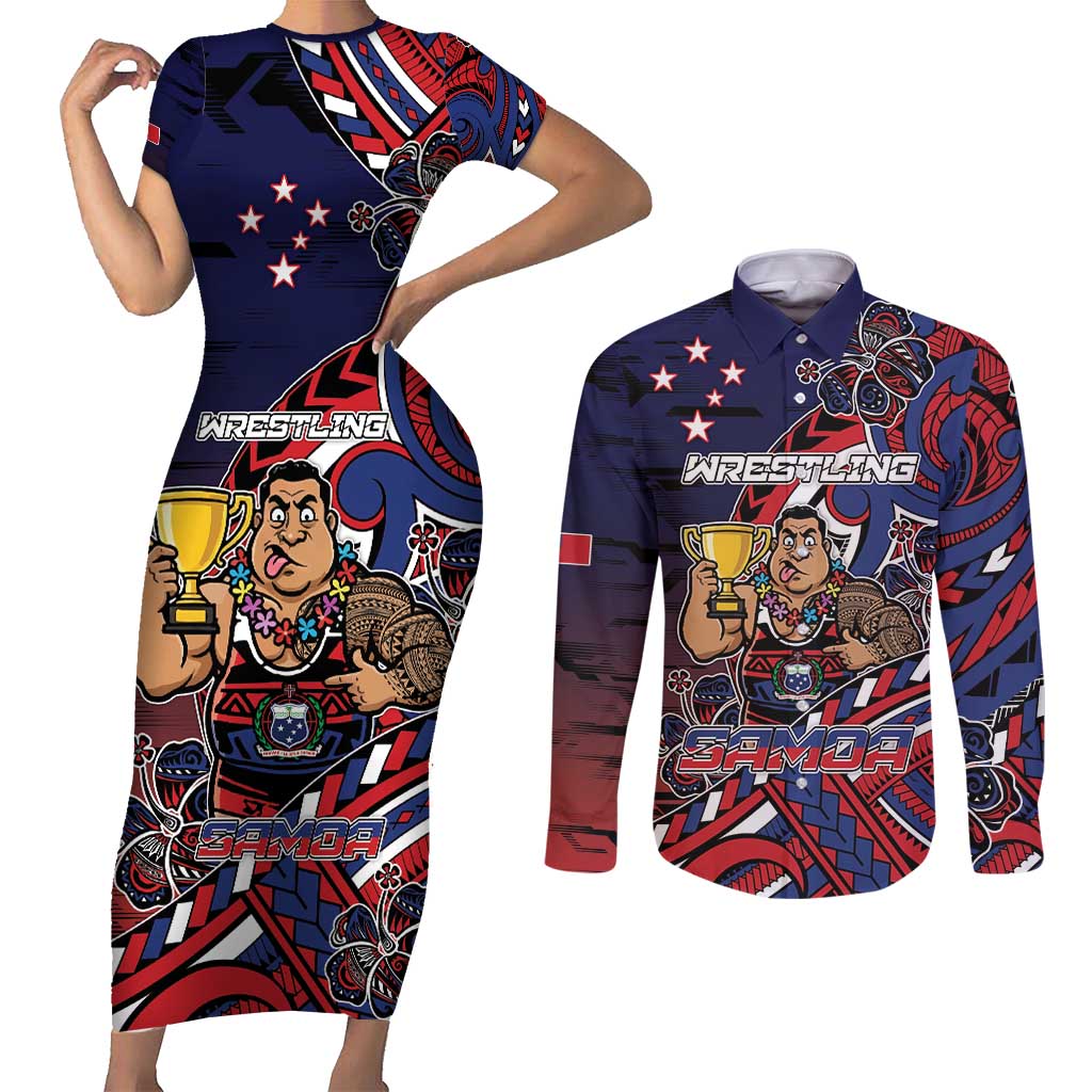 Personalised Samoa Wrestling Couples Matching Short Sleeve Bodycon Dress and Long Sleeve Button Shirt Polynesian Warrior Funny Style DT05 Navy - Polynesian Pride