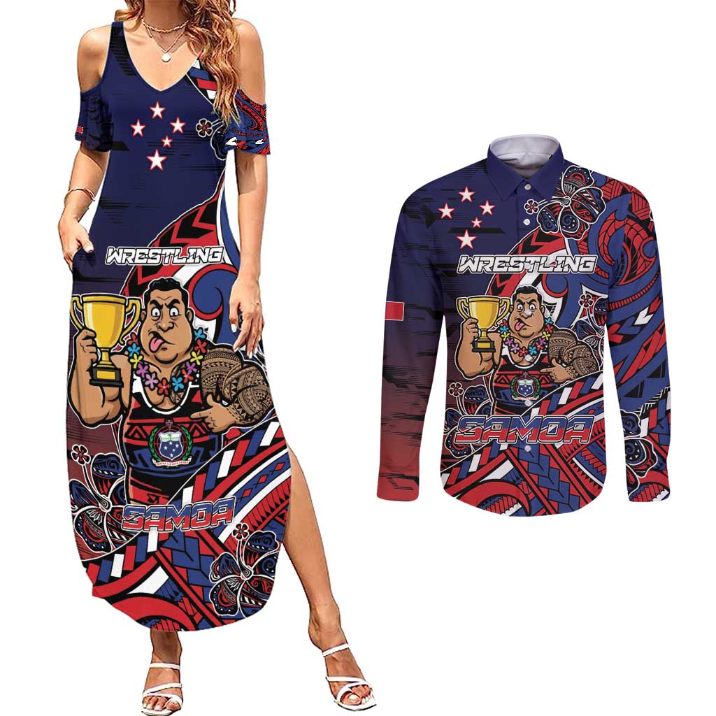 Personalised Samoa Wrestling Couples Matching Summer Maxi Dress and Long Sleeve Button Shirt Polynesian Warrior Funny Style DT05 Navy - Polynesian Pride