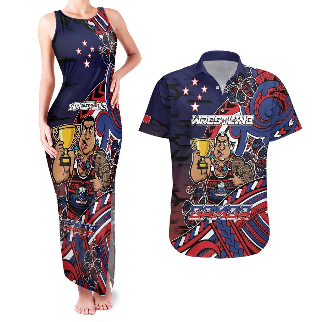 Personalised Samoa Wrestling Couples Matching Tank Maxi Dress and Hawaiian Shirt Polynesian Warrior Funny Style DT05 Navy - Polynesian Pride
