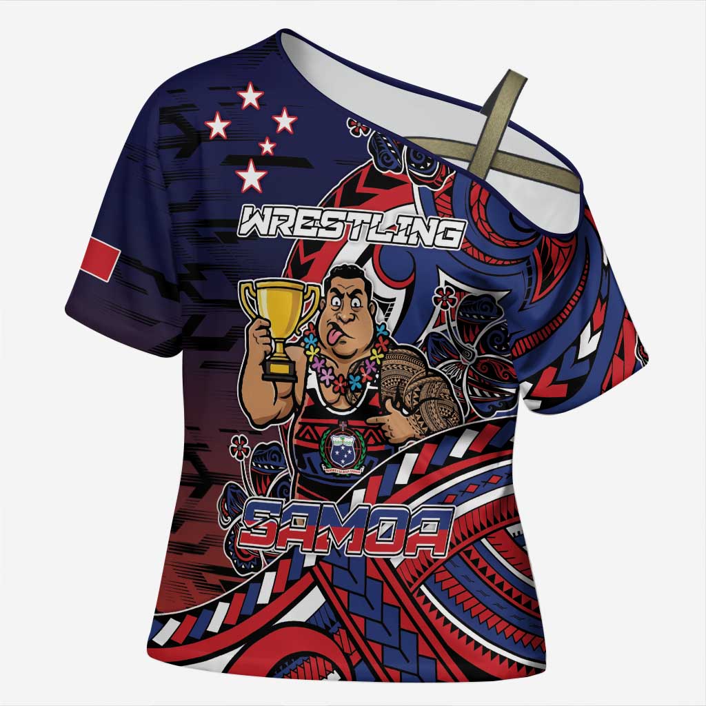 Personalised Samoa Wrestling Cross Shoulder Shirt Polynesian Warrior Funny Style DT05 Female Navy - Polynesian Pride