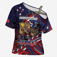 Personalised Samoa Wrestling Cross Shoulder Shirt Polynesian Warrior Funny Style DT05 Female Navy - Polynesian Pride