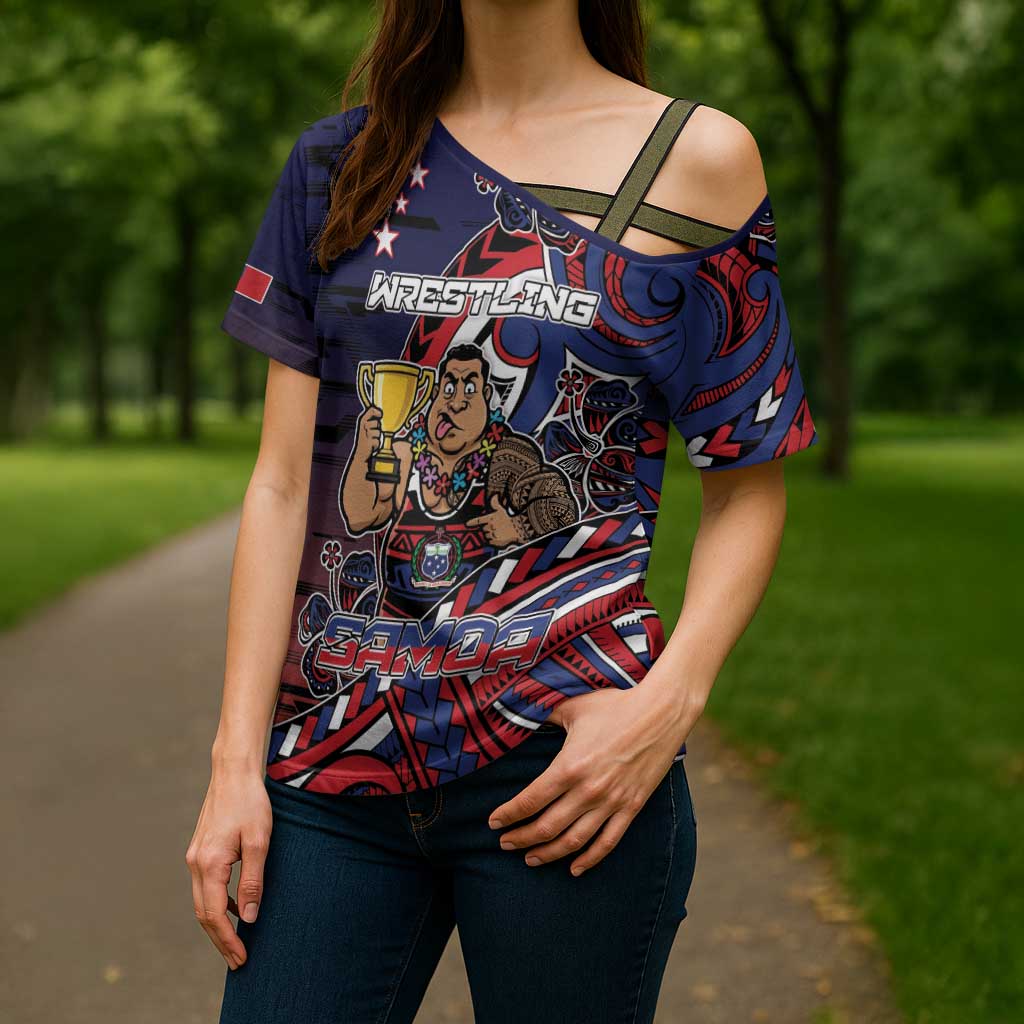 Personalised Samoa Wrestling Cross Shoulder Shirt Polynesian Warrior Funny Style DT05 - Polynesian Pride