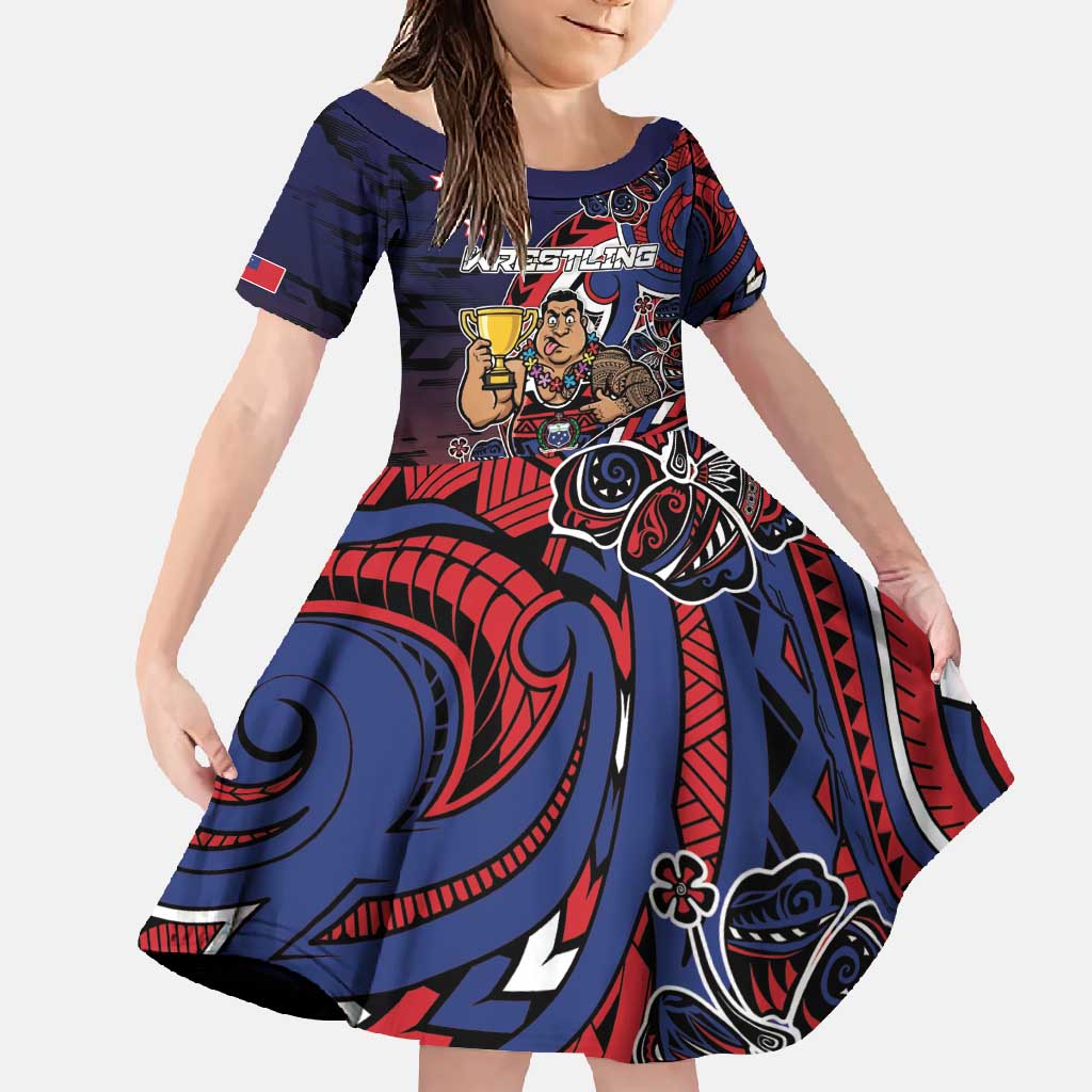 Personalised Samoa Wrestling Family Matching Mermaid Dress and Hawaiian Shirt Polynesian Warrior Funny Style DT05 Daughter's Dress Navy - Polynesian Pride