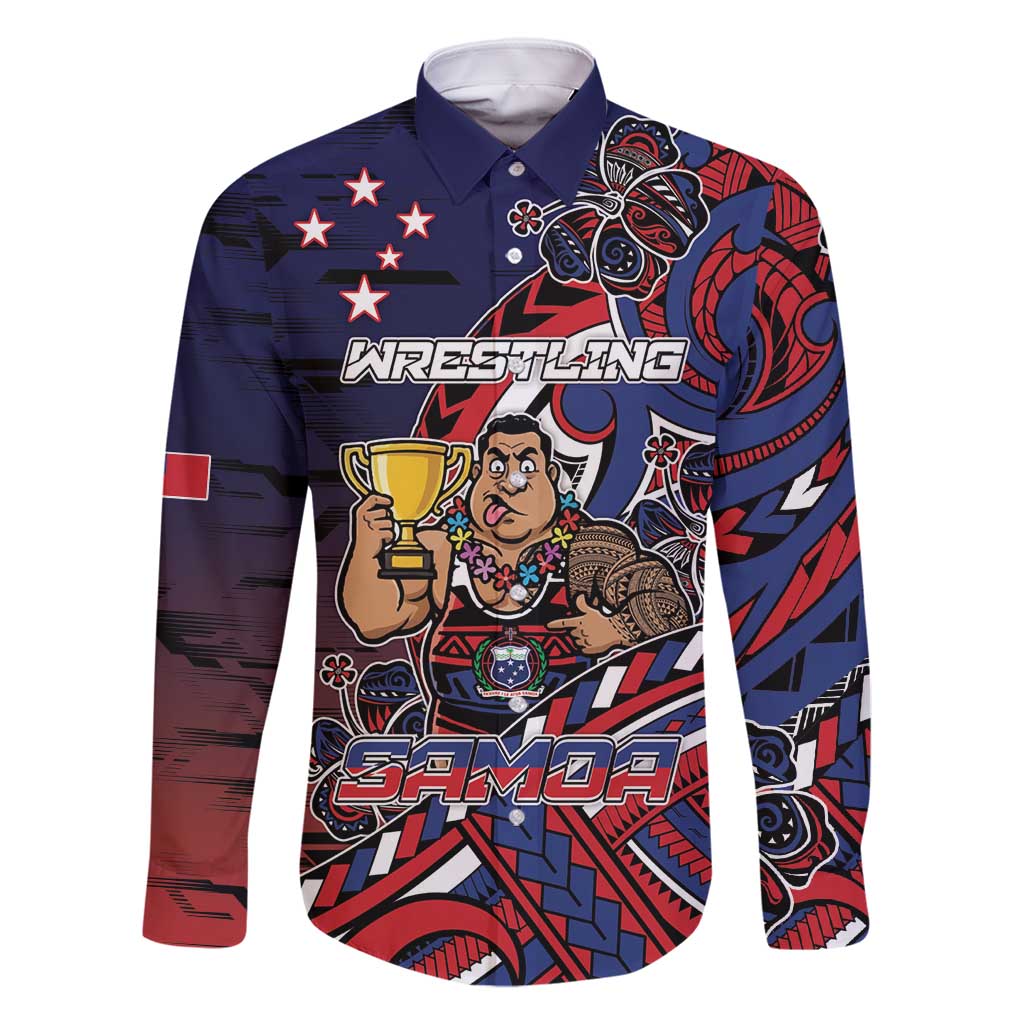 Personalised Samoa Wrestling Family Matching Mermaid Dress and Hawaiian Shirt Polynesian Warrior Funny Style DT05 Dad's Shirt - Long Sleeve Navy - Polynesian Pride