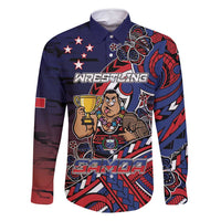 Personalised Samoa Wrestling Family Matching Mermaid Dress and Hawaiian Shirt Polynesian Warrior Funny Style DT05 Dad's Shirt - Long Sleeve Navy - Polynesian Pride