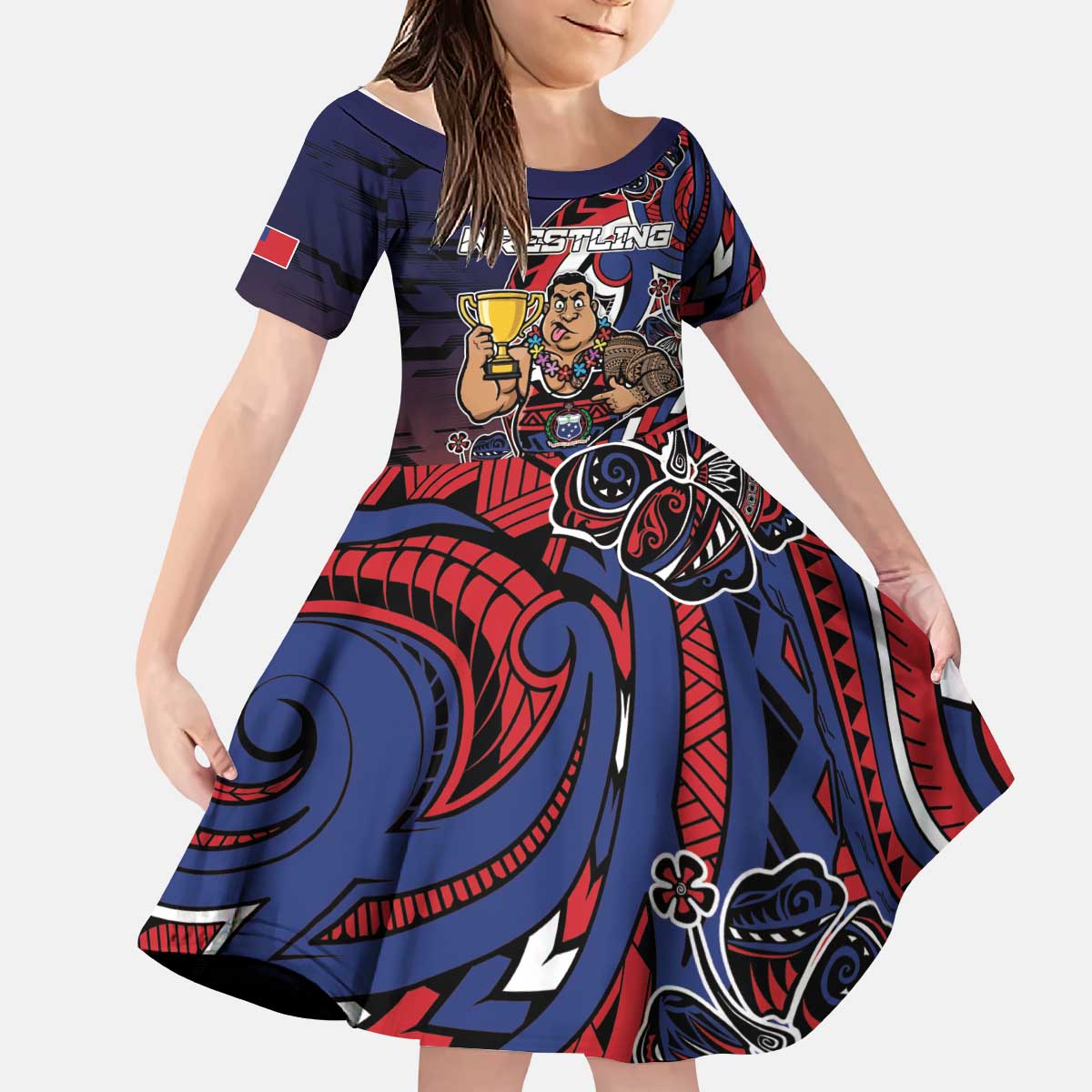 Personalised Samoa Wrestling Kid Short Sleeve Dress Polynesian Warrior Funny Style DT05 KID Navy - Polynesian Pride