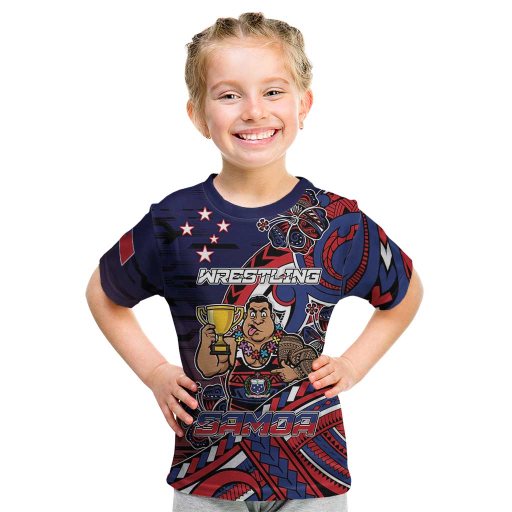 Personalised Samoa Wrestling Kid T Shirt Polynesian Warrior Funny Style DT05 Navy - Polynesian Pride