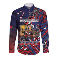 Personalised Samoa Wrestling Long Sleeve Button Shirt Polynesian Warrior Funny Style DT05 Unisex Navy - Polynesian Pride