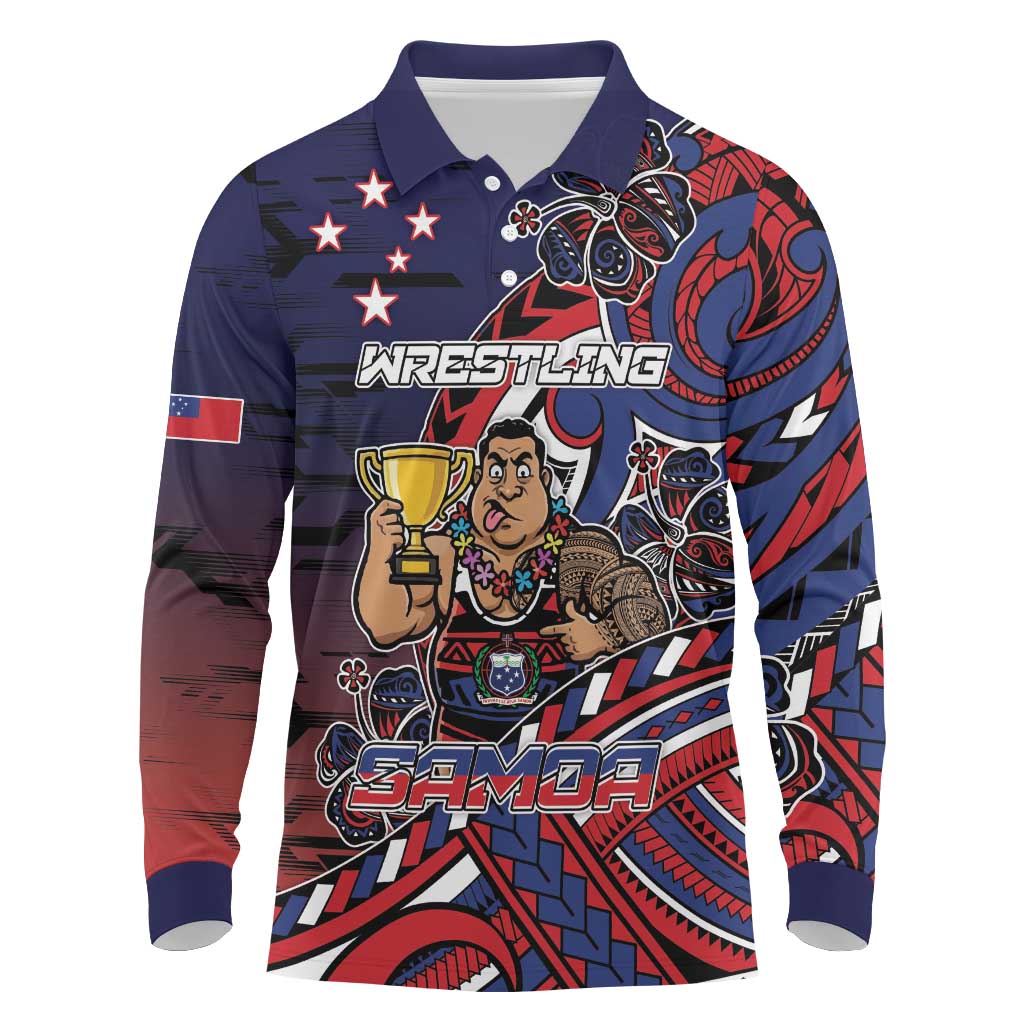 Personalised Samoa Wrestling Long Sleeve Polo Shirt Polynesian Warrior Funny Style DT05 Navy - Polynesian Pride