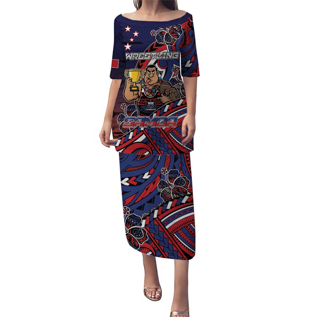 Personalised Samoa Wrestling Puletasi Polynesian Warrior Funny Style DT05 Long Dress Navy - Polynesian Pride