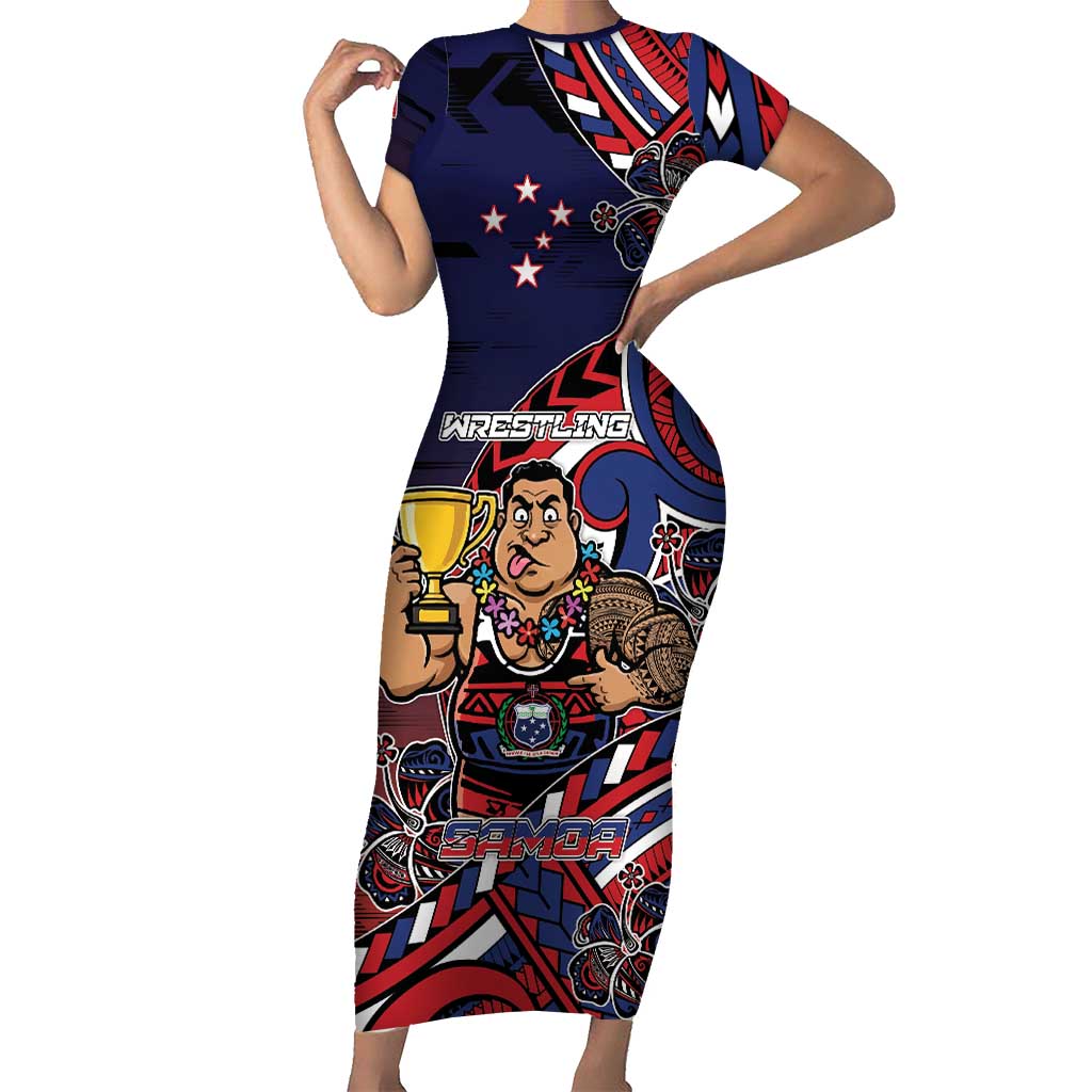 Personalised Samoa Wrestling Short Sleeve Bodycon Dress Polynesian Warrior Funny Style DT05 Long Dress Navy - Polynesian Pride