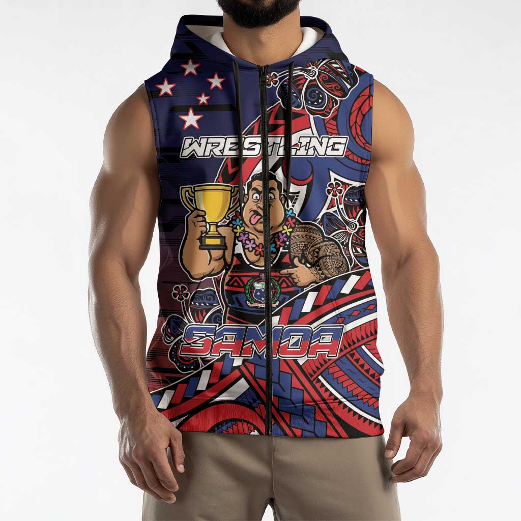 Personalised Samoa Wrestling Sleeveless Zip Hoodie Polynesian Warrior Funny Style DT05 - Polynesian Pride