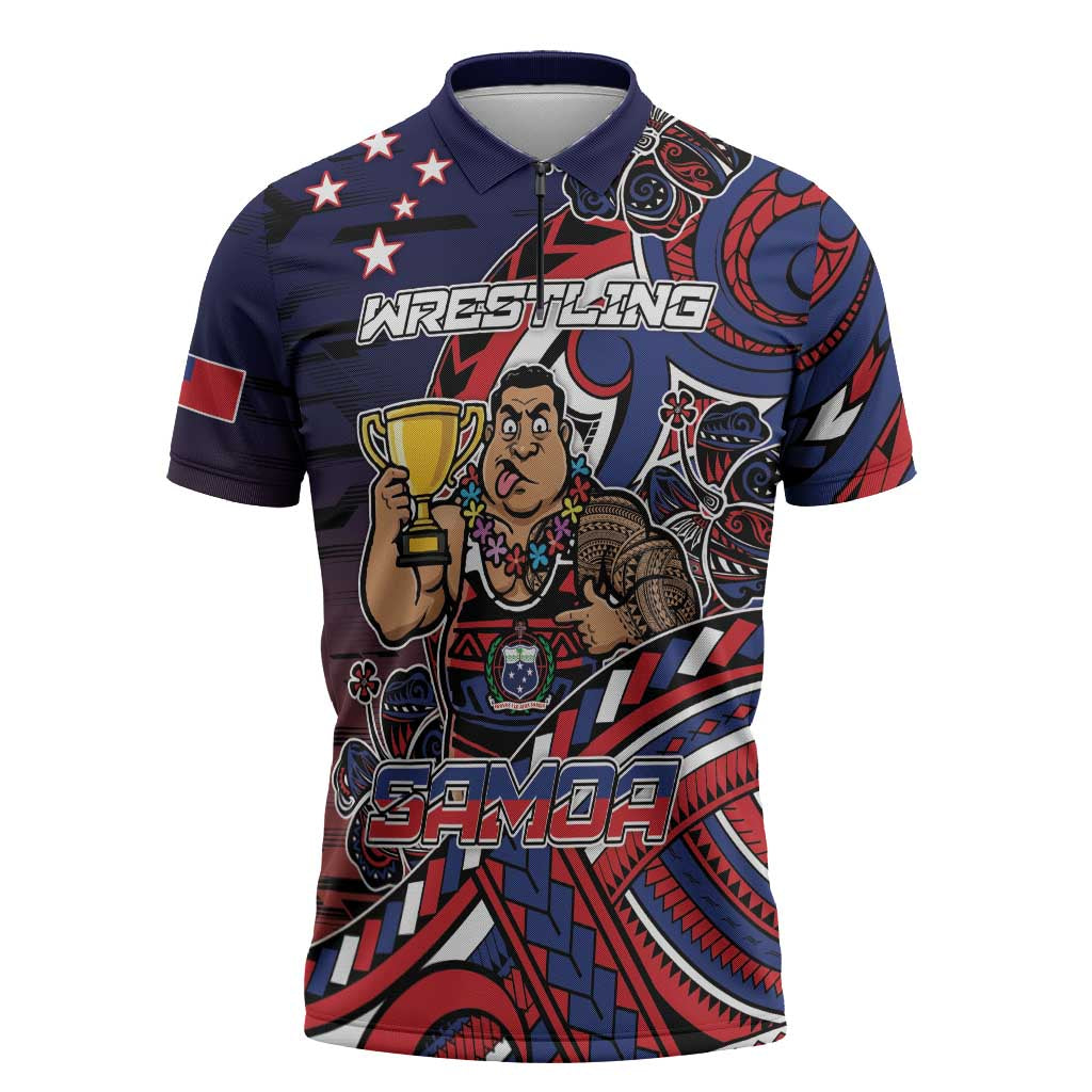 Personalised Samoa Wrestling Zipper Polo Shirt Polynesian Warrior Funny Style DT05 Navy - Polynesian Pride