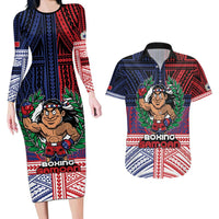 Personalised Samoa Boxing Couples Matching Long Sleeve Bodycon Dress and Hawaiian Shirt Samoan Boxer Funny Style DT05 Red - Polynesian Pride