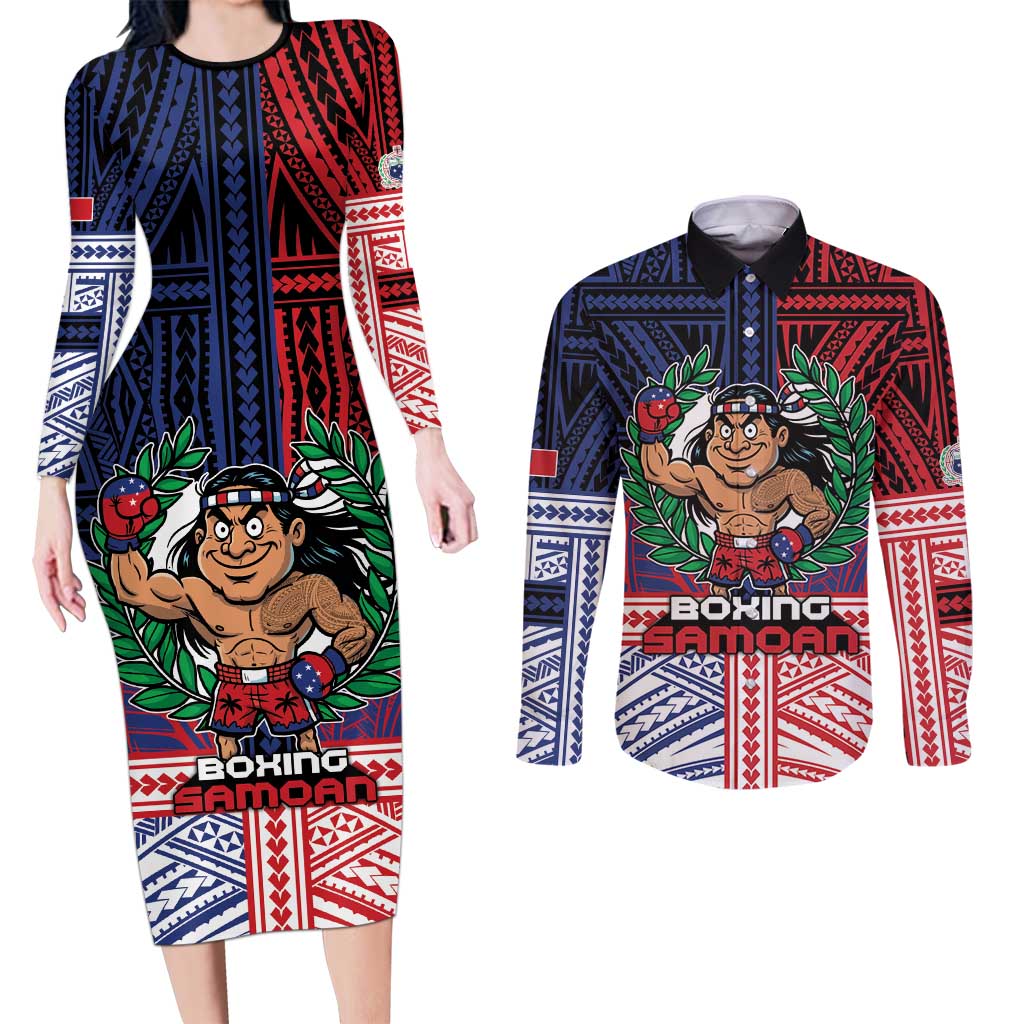 Personalised Samoa Boxing Couples Matching Long Sleeve Bodycon Dress and Long Sleeve Button Shirt Samoan Boxer Funny Style DT05 Red - Polynesian Pride