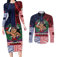 Personalised Samoa Boxing Couples Matching Long Sleeve Bodycon Dress and Long Sleeve Button Shirt Samoan Boxer Funny Style DT05 Red - Polynesian Pride