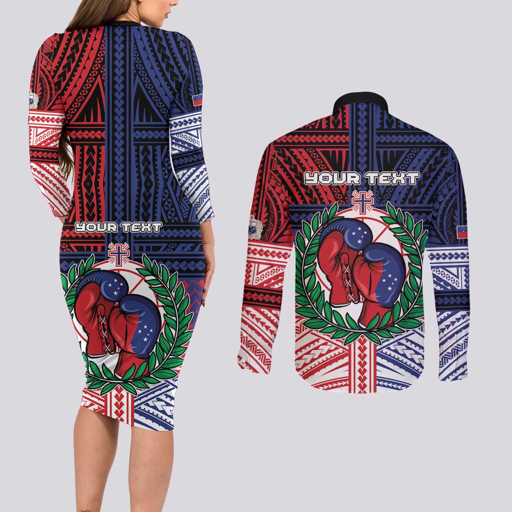 Personalised Samoa Boxing Couples Matching Long Sleeve Bodycon Dress and Long Sleeve Button Shirt Samoan Boxer Funny Style DT05 - Polynesian Pride