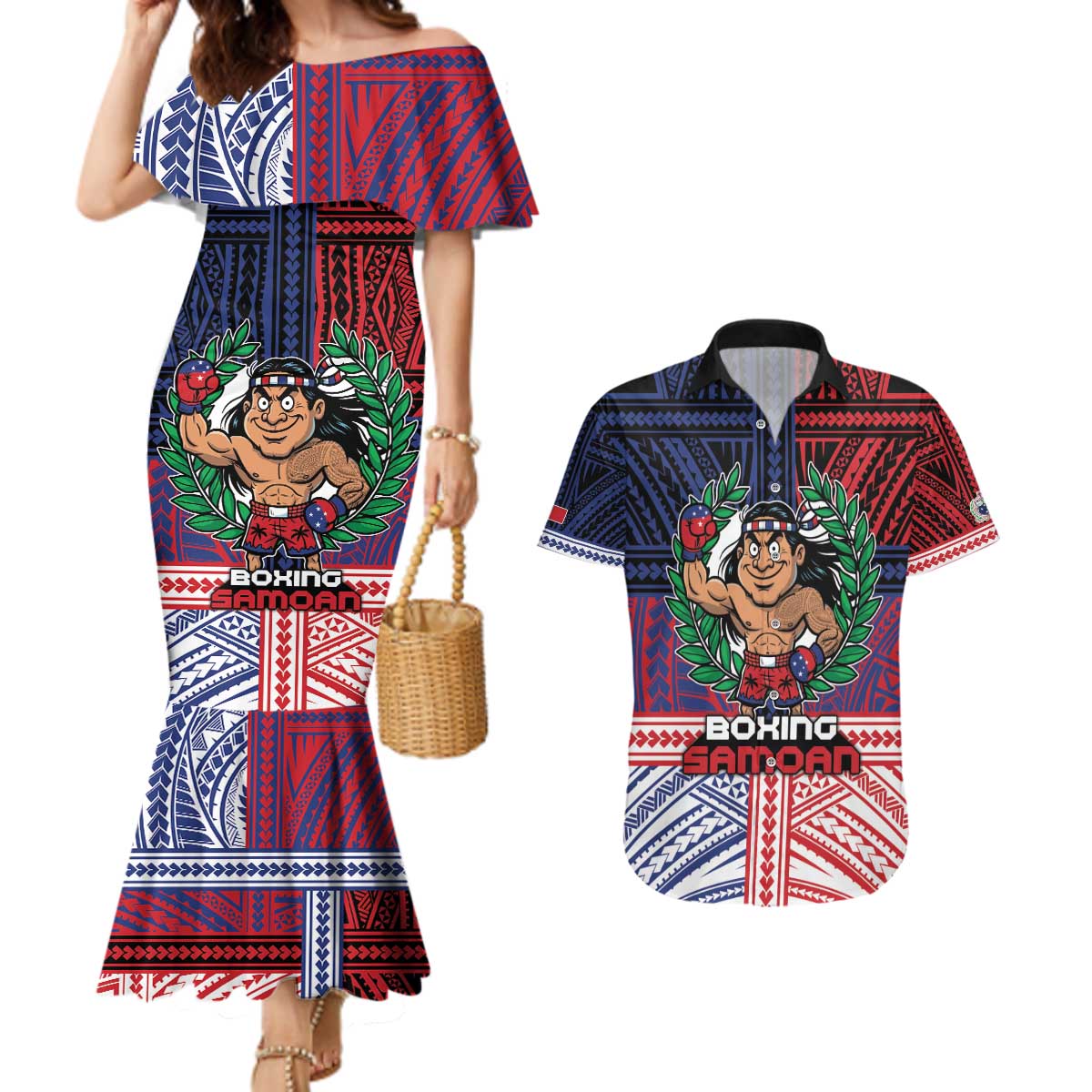 Personalised Samoa Boxing Couples Matching Mermaid Dress and Hawaiian Shirt Samoan Boxer Funny Style DT05 Red - Polynesian Pride