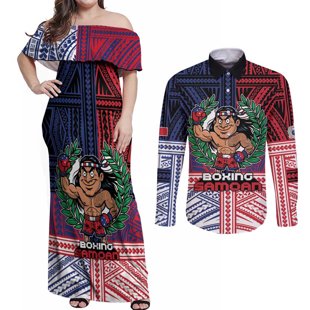 Personalised Samoa Boxing Couples Matching Off Shoulder Maxi Dress and Long Sleeve Button Shirt Samoan Boxer Funny Style DT05 Red - Polynesian Pride