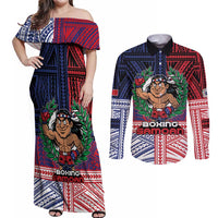 Personalised Samoa Boxing Couples Matching Off Shoulder Maxi Dress and Long Sleeve Button Shirt Samoan Boxer Funny Style DT05 Red - Polynesian Pride