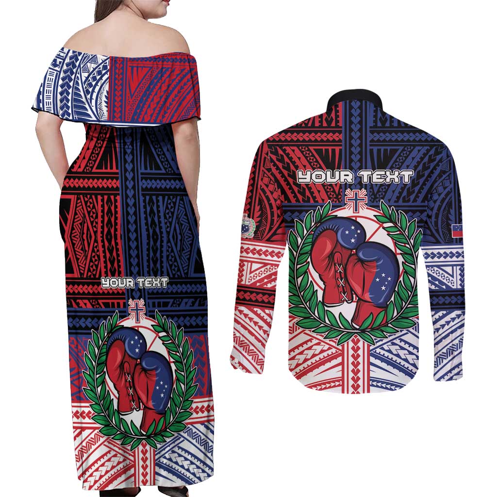 Personalised Samoa Boxing Couples Matching Off Shoulder Maxi Dress and Long Sleeve Button Shirt Samoan Boxer Funny Style DT05 - Polynesian Pride