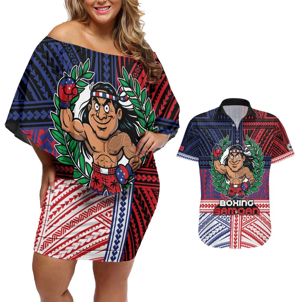 Personalised Samoa Boxing Couples Matching Off Shoulder Short Dress and Hawaiian Shirt Samoan Boxer Funny Style DT05 Red - Polynesian Pride