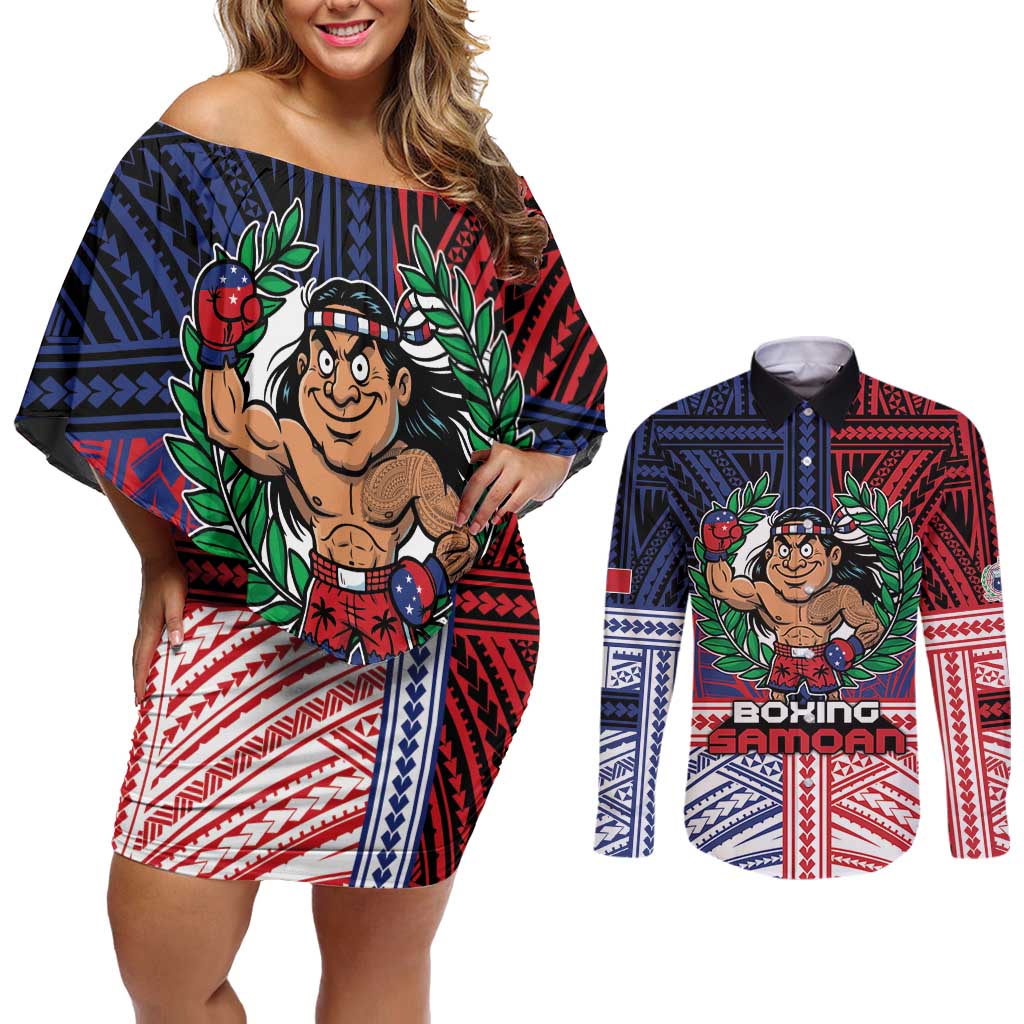 Personalised Samoa Boxing Couples Matching Off Shoulder Short Dress and Long Sleeve Button Shirt Samoan Boxer Funny Style DT05 Red - Polynesian Pride