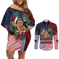 Personalised Samoa Boxing Couples Matching Off Shoulder Short Dress and Long Sleeve Button Shirt Samoan Boxer Funny Style DT05 Red - Polynesian Pride