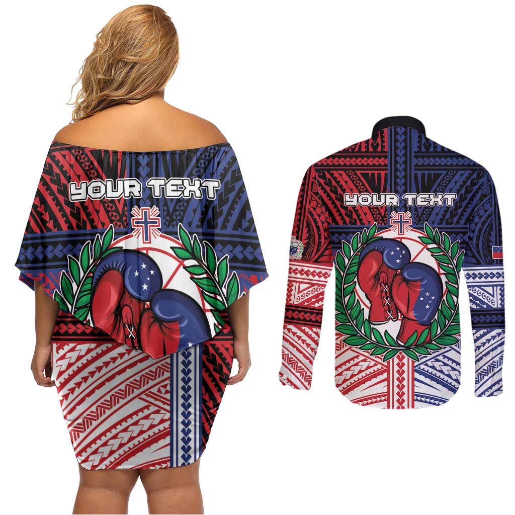 Personalised Samoa Boxing Couples Matching Off Shoulder Short Dress and Long Sleeve Button Shirt Samoan Boxer Funny Style DT05 - Polynesian Pride
