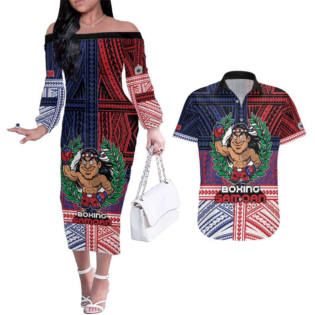 Personalised Samoa Boxing Couples Matching Off The Shoulder Long Sleeve Dress and Hawaiian Shirt Samoan Boxer Funny Style - Polynesian Pride
