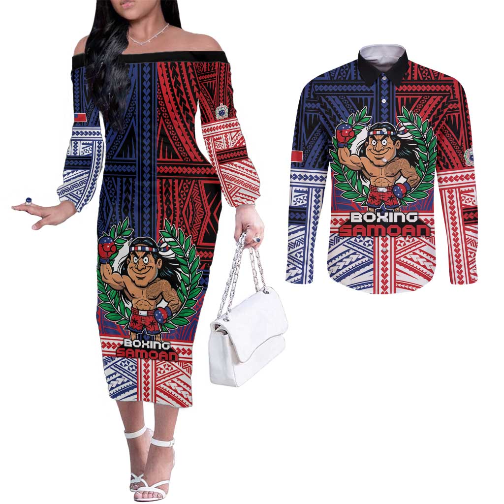 Personalised Samoa Boxing Couples Matching Off The Shoulder Long Sleeve Dress and Long Sleeve Button Shirt Samoan Boxer Funny Style DT05 Red - Polynesian Pride