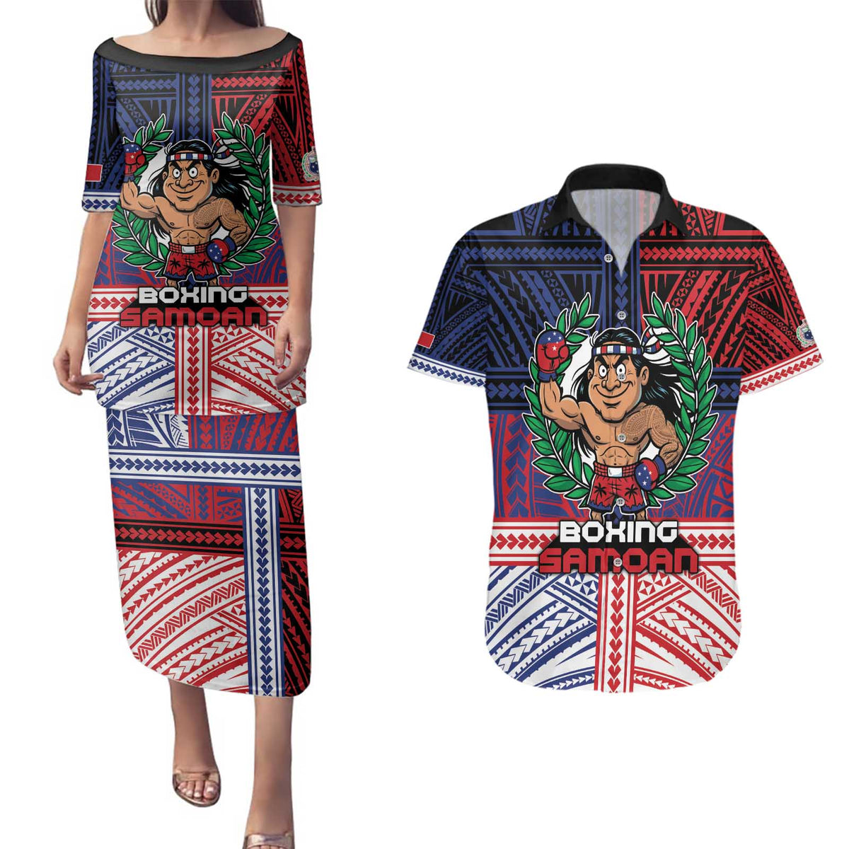 Personalised Samoa Boxing Couples Matching Puletasi and Hawaiian Shirt Samoan Boxer Funny Style DT05 Red - Polynesian Pride