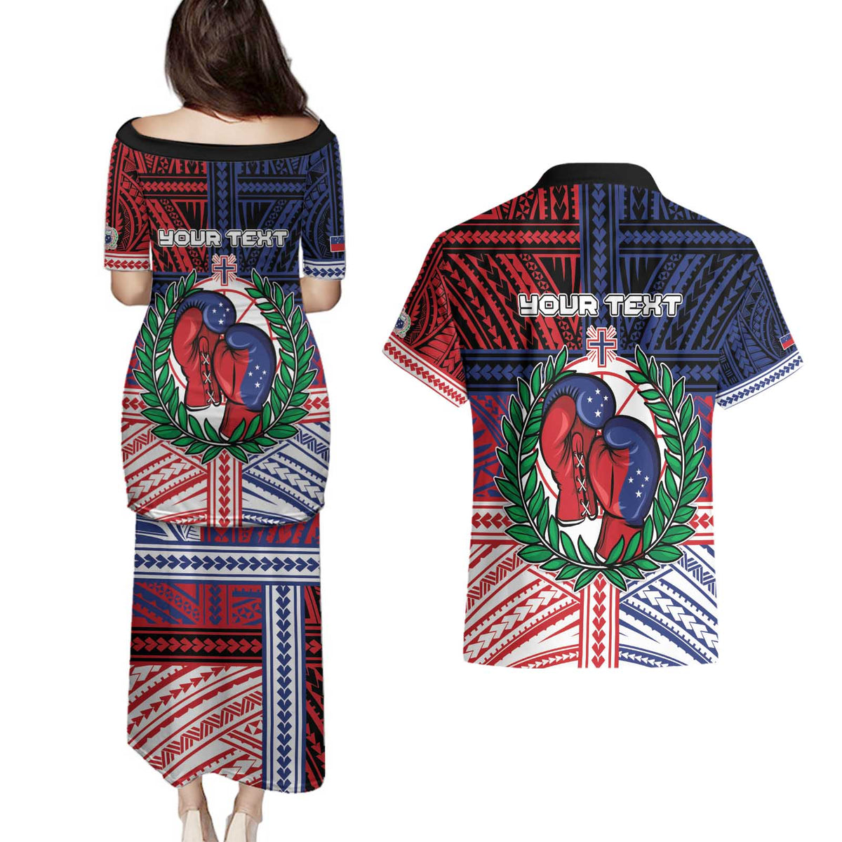 Personalised Samoa Boxing Couples Matching Puletasi and Hawaiian Shirt Samoan Boxer Funny Style DT05 - Polynesian Pride