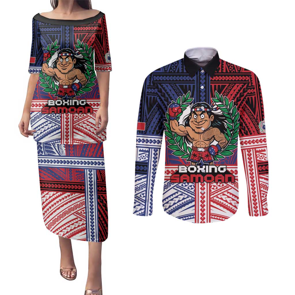Personalised Samoa Boxing Couples Matching Puletasi and Long Sleeve Button Shirt Samoan Boxer Funny Style DT05 Red - Polynesian Pride