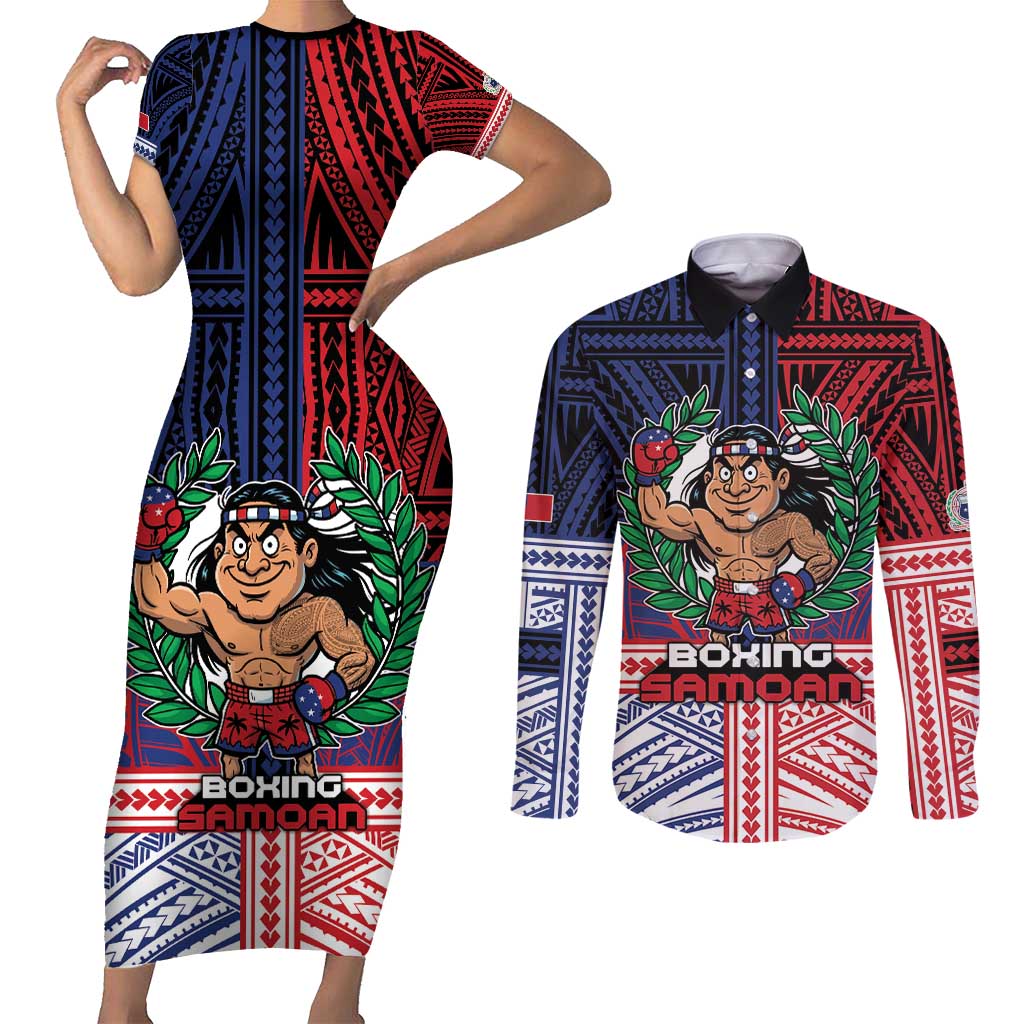 Personalised Samoa Boxing Couples Matching Short Sleeve Bodycon Dress and Long Sleeve Button Shirt Samoan Boxer Funny Style DT05 Red - Polynesian Pride