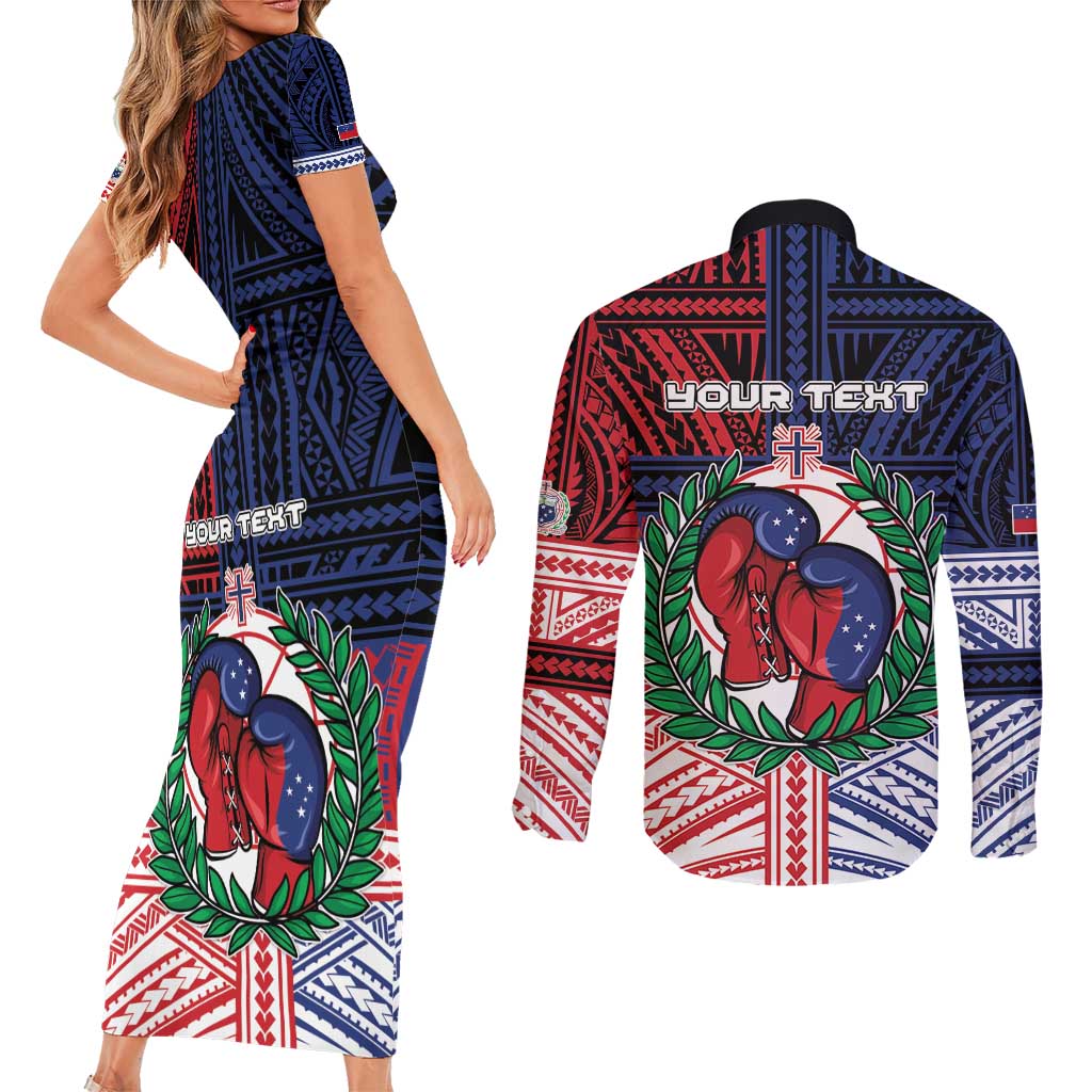 Personalised Samoa Boxing Couples Matching Short Sleeve Bodycon Dress and Long Sleeve Button Shirt Samoan Boxer Funny Style DT05 - Polynesian Pride