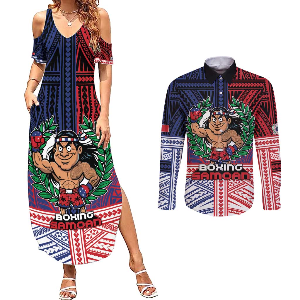 Personalised Samoa Boxing Couples Matching Summer Maxi Dress and Long Sleeve Button Shirt Samoan Boxer Funny Style DT05 Red - Polynesian Pride