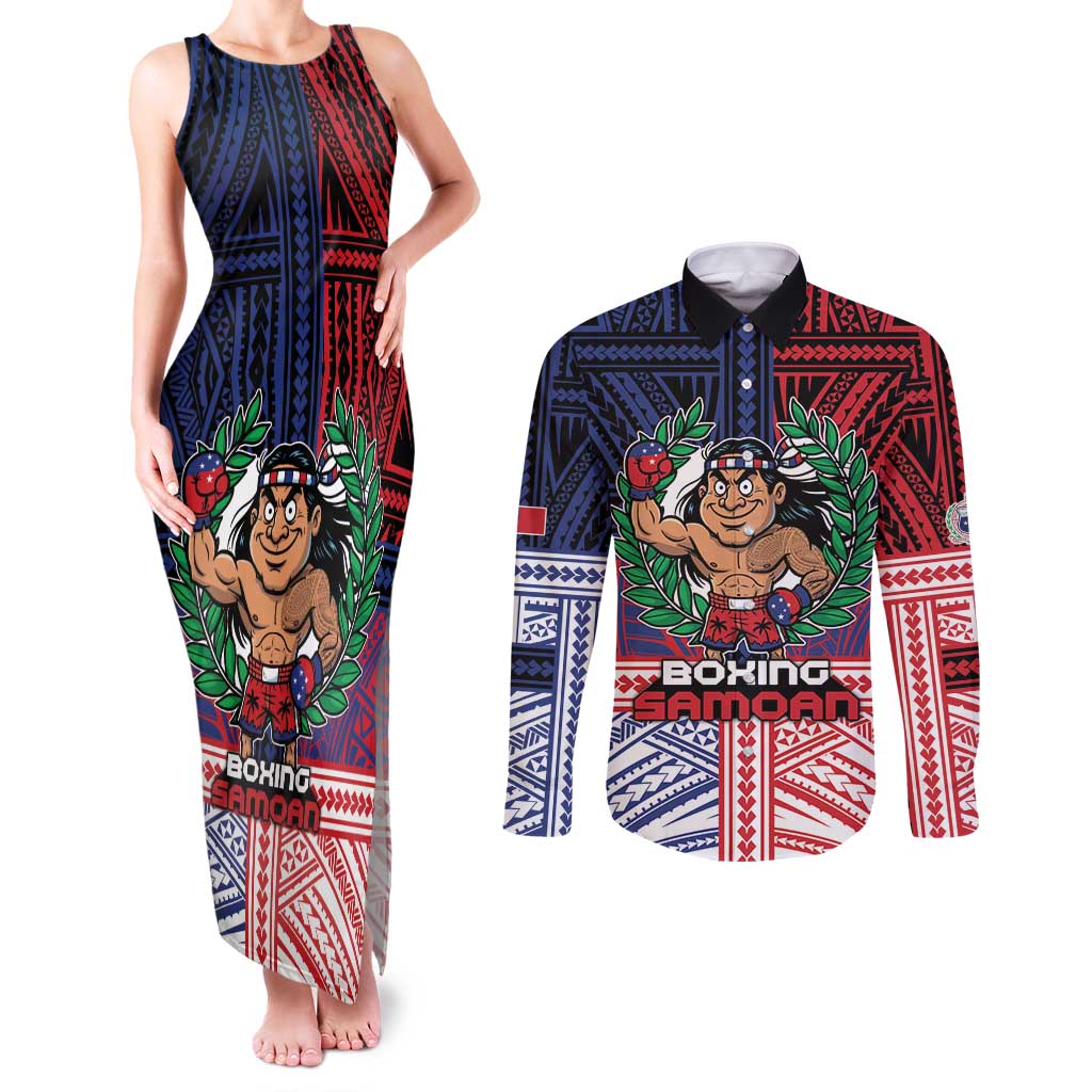 Personalised Samoa Boxing Couples Matching Tank Maxi Dress and Long Sleeve Button Shirt Samoan Boxer Funny Style DT05 Red - Polynesian Pride