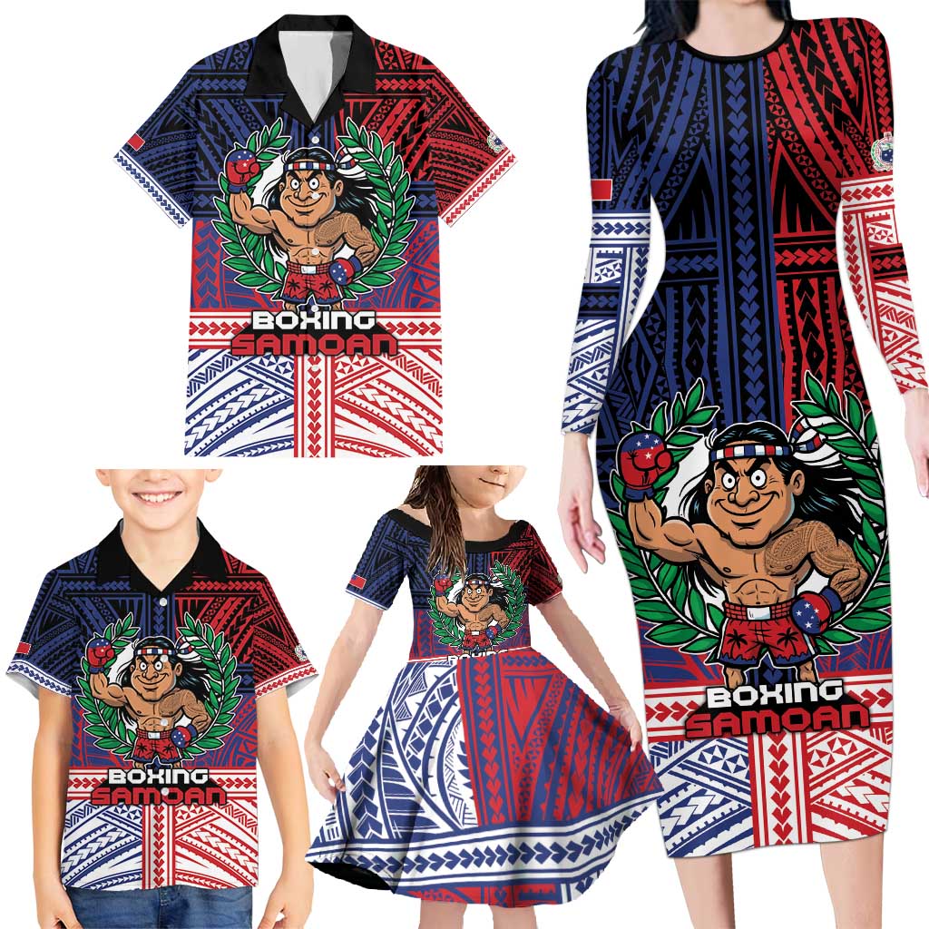 Personalised Samoa Boxing Family Matching Long Sleeve Bodycon Dress and Hawaiian Shirt Samoan Boxer Funny Style - Polynesian Pride