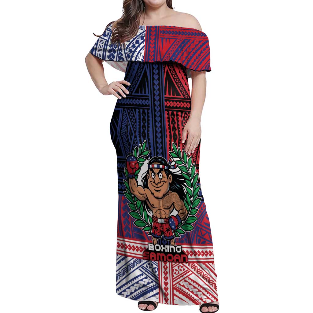 Personalised Samoa Boxing Off Shoulder Maxi Dress Samoan Boxer Funny Style DT05 Women Red - Polynesian Pride