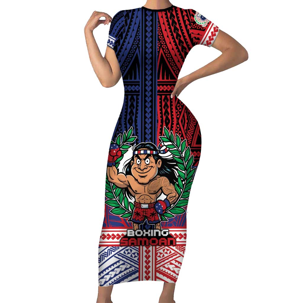 Personalised Samoa Boxing Short Sleeve Bodycon Dress Samoan Boxer Funny Style DT05 Long Dress Red - Polynesian Pride