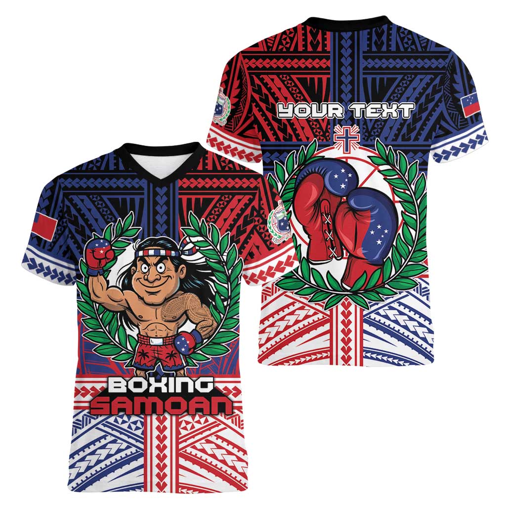 Personalised Samoa Boxing Women V-Neck T-Shirt Samoan Boxer Funny Style DT05 - Polynesian Pride