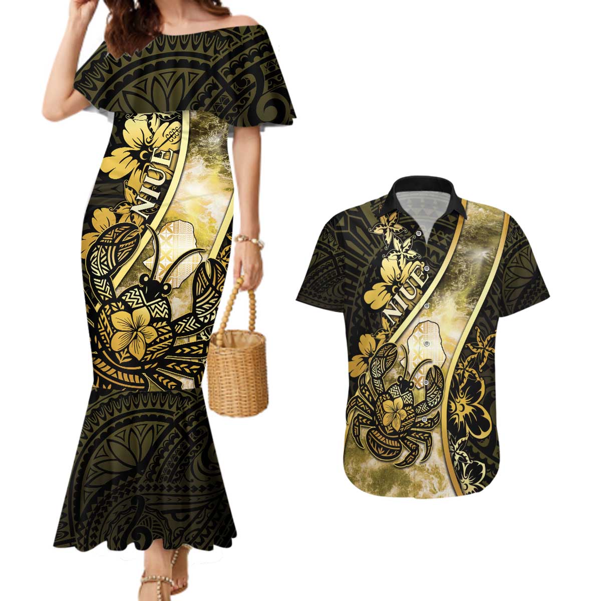 Personalised Niue Couples Matching Mermaid Dress and Hawaiian Shirt Niuean Crab Waves Style