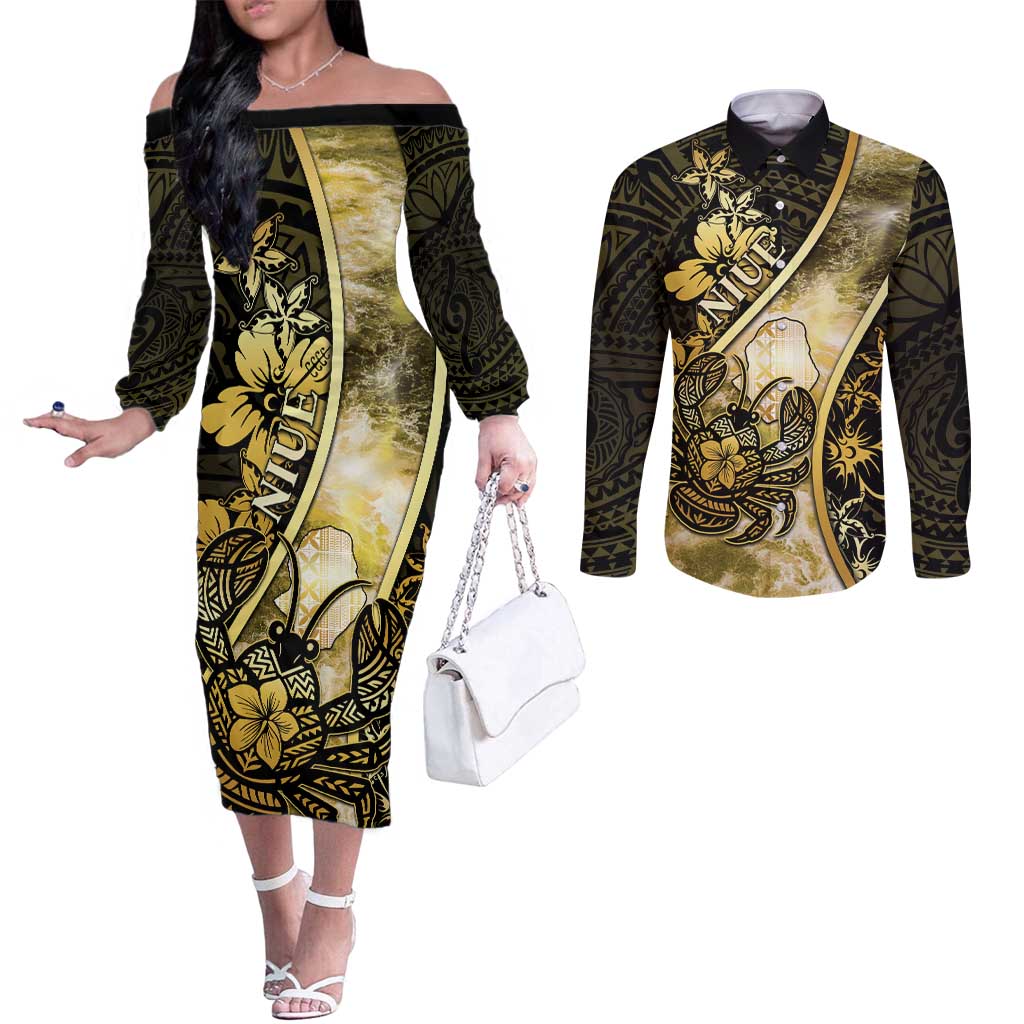 Personalised Niue Couples Matching Off The Shoulder Long Sleeve Dress and Long Sleeve Button Shirt Niuean Crab Waves Style
